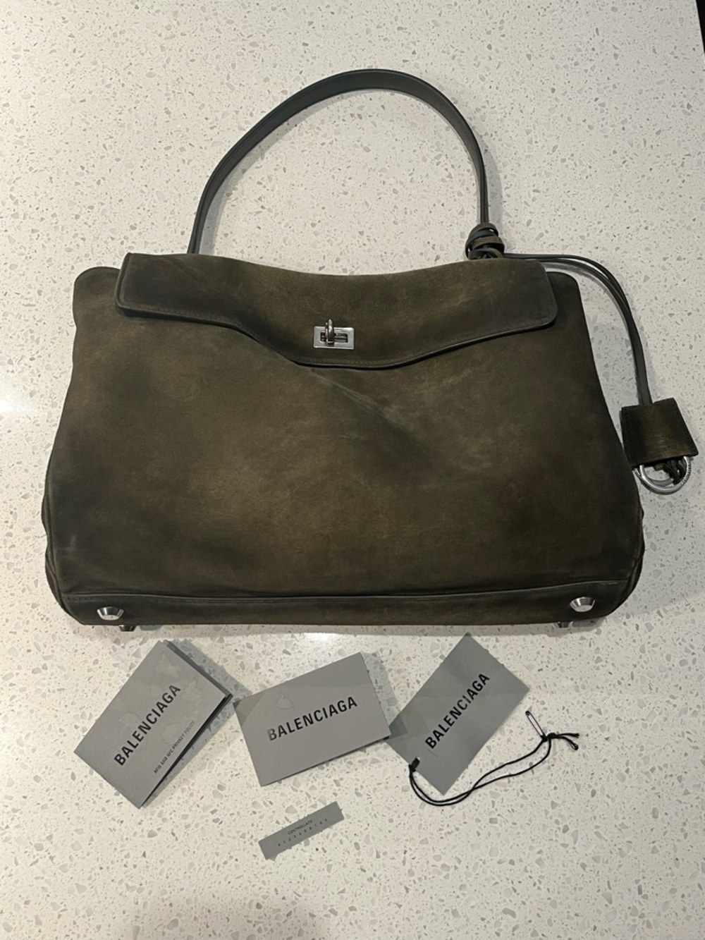 Balenciaga Rodeo Medium Suede Khaki Shoulder Bag with Silver Hardware - Picture 9 of 10